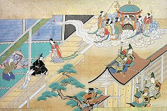 Princess Kaguya returns to the moon. Taketori Monogatari (竹取物語, The Tale of the Bamboo Cutter) 日本語 月へ帰って行くかぐや姫。竹取物語, circa 1650
