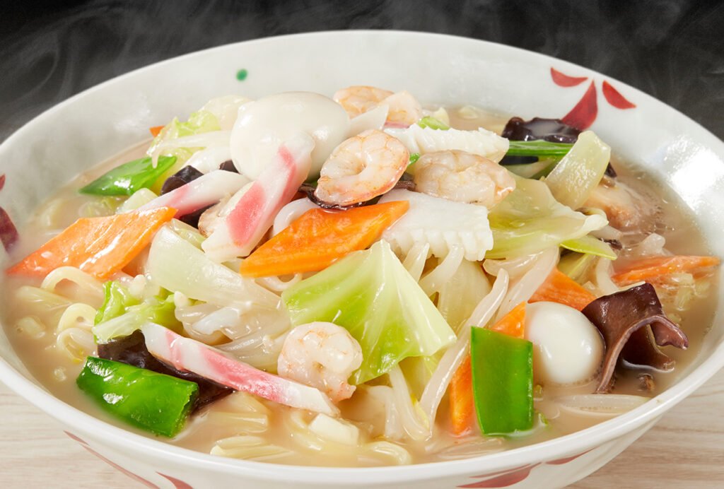 Champon is a kind of noodle soup topped with a variety of ingredients such as seafood and vegetable