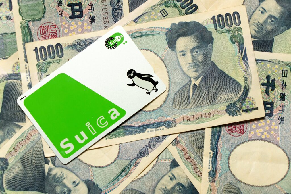 Suica card on Japanese 1000 yen banknote background