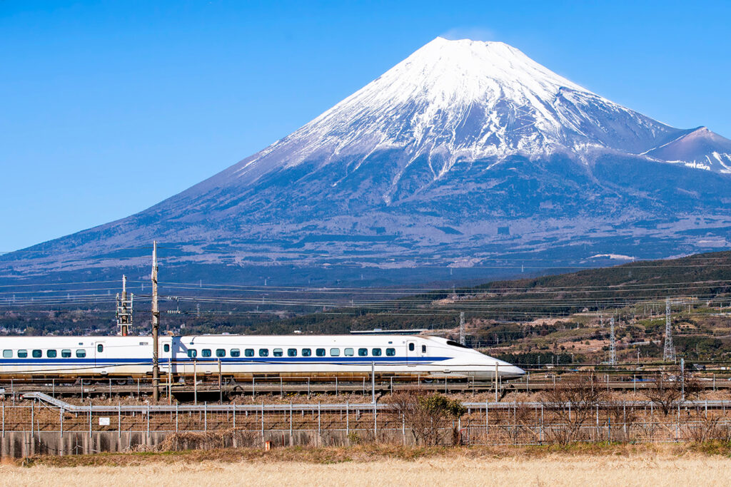 High Speed Bullet Train with Fuji Mountain Background in Winter, Shizuoka, Japan