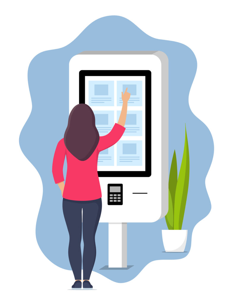 Woman using self-service payment and information electronic terminal with touch screen. Vector illustration in flat style