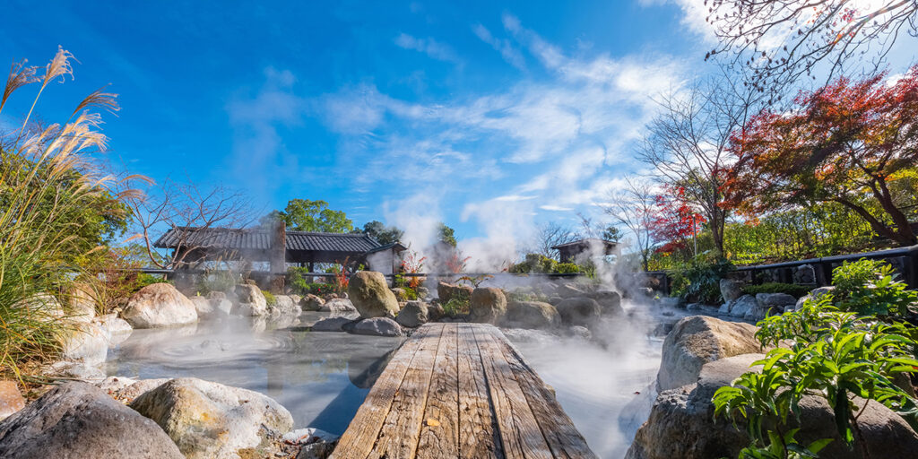 Boiling mud pond at Oniishibozu Jigoku hot spring in Beppu, Oita. The town is famous for its onsen (hot springs). It has 8 major geothermal hot spots, referred to as the "eight hells of Beppu"