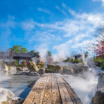 Boiling mud pond at Oniishibozu Jigoku hot spring in Beppu, Oita. The town is famous for its onsen (hot springs). It has 8 major geothermal hot spots, referred to as the "eight hells of Beppu"