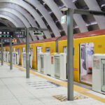 TOKYO, JAPAN - August 22, 2024: View of Shibuya Station's Tokyo Metro Ginza Line platform where a train is waiting to depart.