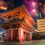 Colorful firework over Sensoji temple in Asakusa, Tokyo Japan celebrate new year at night time