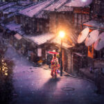 Japanese girl walk with traditional kimono dress in winter season and use an umbrella for protect a snow in Kyoto city, Japan